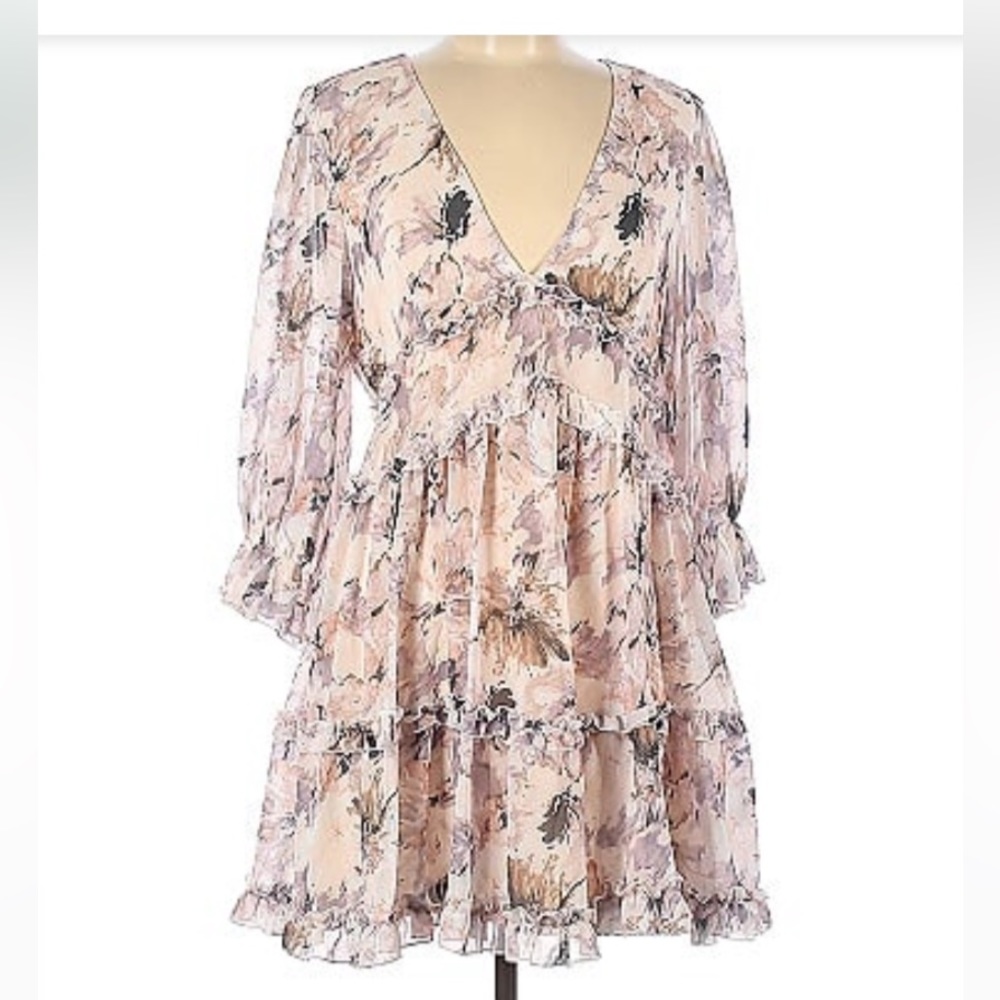 Blue B Spring Watercolor Floral Tiered Ruffled Girly Pink Dress w long Sleeves M
